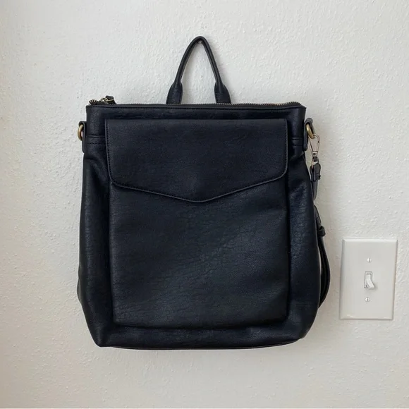 Anthropologie Antik Kraft Black Vegan Leather Convertible Backpack Diaper Bag - Picture 3 of 8